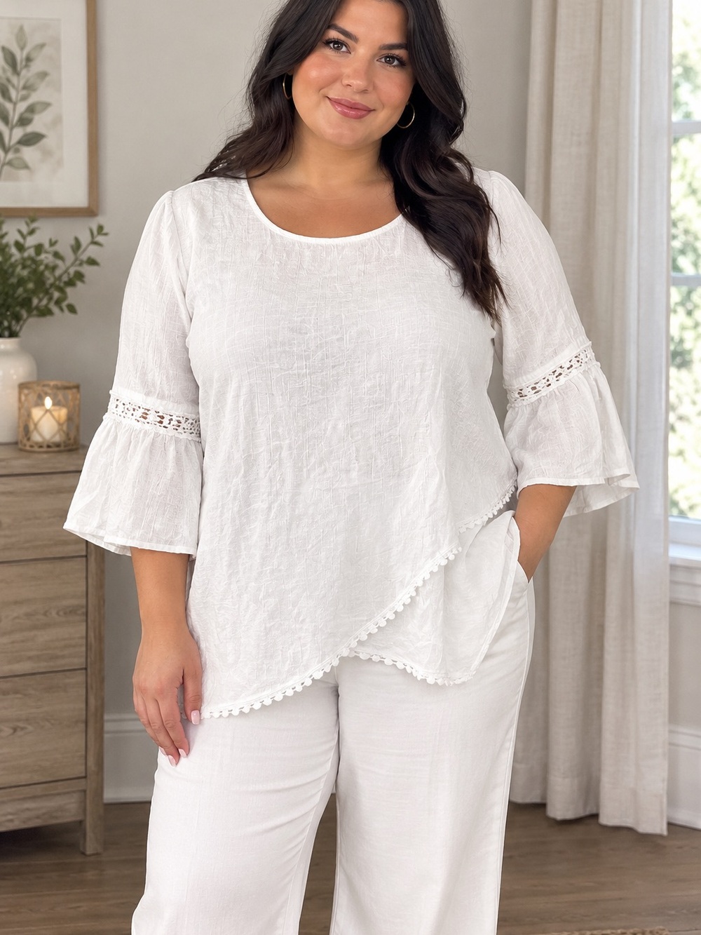 Alyx White Layered Blouse Women’s Large Boho Romantic Crochet Lace